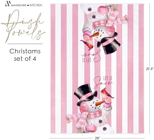 Pink Christmas Kitchen Towels, 20 x 27.5 inches Snowman Santa Decoration Christmas Hand Towels, Set of 4 (Pink)