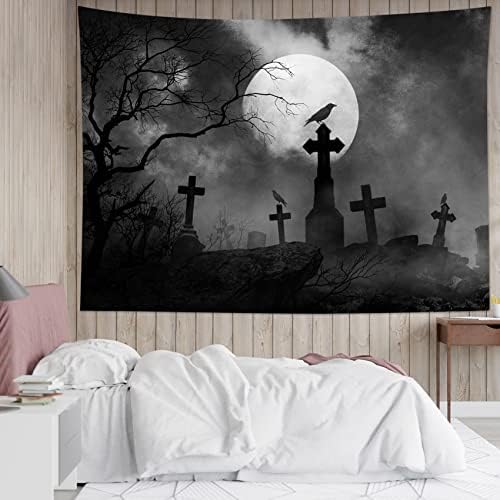 HVEST Halloween Tapestry Full Moon Black Crow Tombstone Dead Tree Tapestry for Bedroom, Scary Grey Cemetery Forest Wall Decor Blanket Home Holiday Living Room Decorations, 60W X 40H Inches