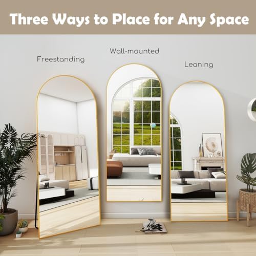 Prywot Full Length Mirror, 64"x21" Arched Floor Mirror with Stand, Gold