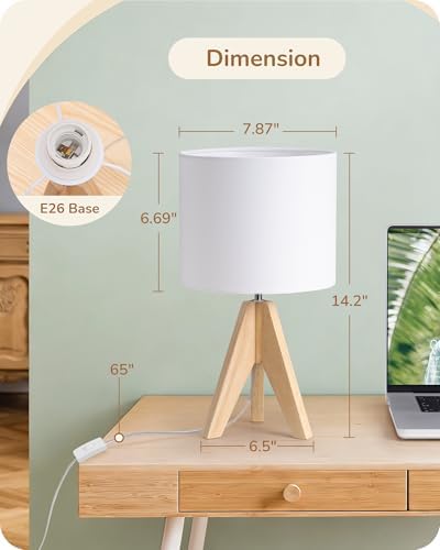 EDISHINE Small Cute Table Lamp, Wood Tripod Nightstand Lamp, 14.2 Inch