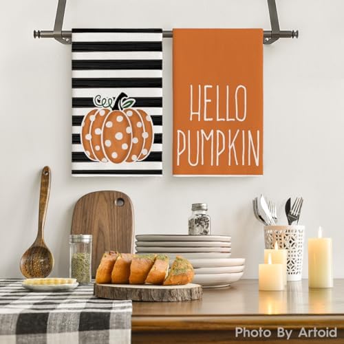 Artoid Mode Polka Dot Hello Pumpkin Fall Kitchen Towels Set of 4 18x26 Inch