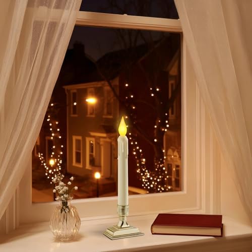 6 Pcs Sensor Dawn to Dusk Window Candles, Flickering Battery Candles for Windows, Ultra Bright Fake Candle Lights with Gold Holders, Led Candlesticks for Xmas Home Decor, Warm Yellow Light