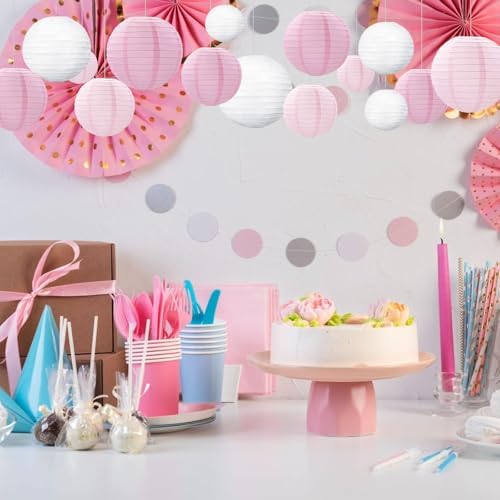 18Pcs Pink Light Pink White Paper Lanterns for Parties, 6” 8” 10” 12” Chinese Asian Hanging Round Paper Lanterns for Birthday Wedding Halloween Christmas Home Decor Party Decor