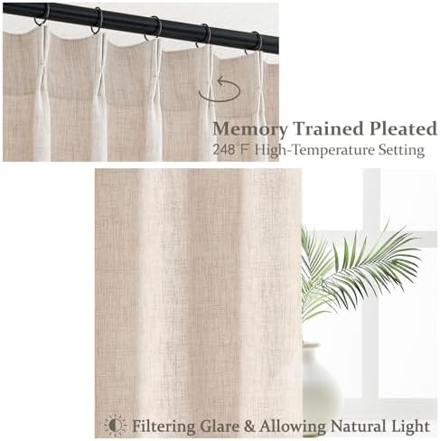 PleatedDrapes Light Filtering Primitive for Living Room, Thick Linen Semi Sheer Curtains 96 Inches Long 2 Panels Set