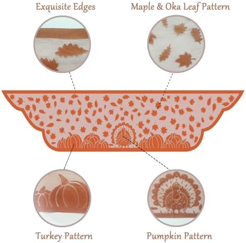 Thanksgiving Mantle Scarf for Fireplace Decorations - Lace Mantel Cover Runner Garland for Fall Home Living Room Decorations – Autumn Turkey Pumpkin Maple Oak Leaves Centerpiece Décor Indoor