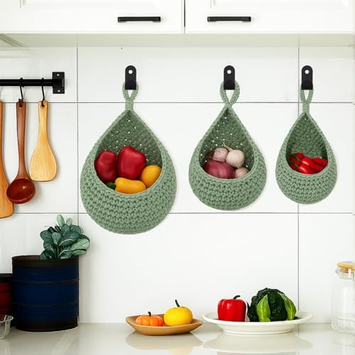 Boho Decor Hanging Wall Baskets / Sage Green / Cotton Rope / Teardrop / Set of 3