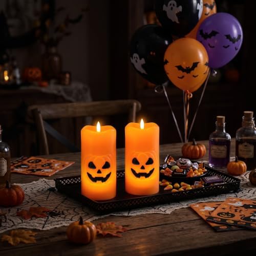 Halloween Pumpkin Flameless Pillar Candles with 6H Timer, 2PCS