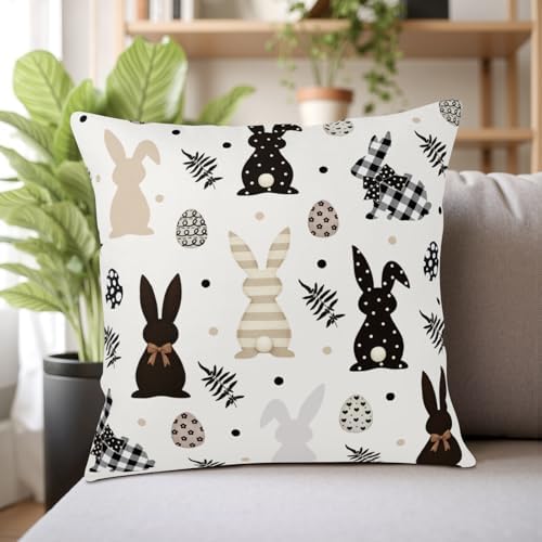 Easter Outdoor Bunny Pillow Covers 20x20 Set of 2 Black White Polka Dot Rabbit Eggs Pillow Case Farmhouse Holiday Cushion Covers for Sofa Couch Home Decor