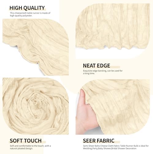 12 Pack Ivory Cheesecloth Table Runner 10Ft, Gauze Table Runners 21.5 x 120 inch,Semi Sheer Cheese Cloth Fabric Runner Bulk for Wedding,Party,Baby Shower,Bridal Shower