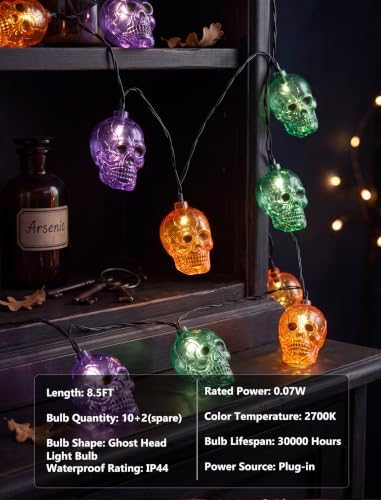 8.5Ft Outdoor Halloween Skull String Lights, 10 Plug in Ghost Head Lights