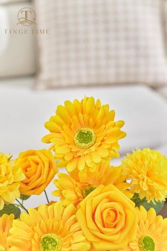 TINGE TIME 23pcs Artificial Flower Combo, Bright Yellow Gerbera Daisy Rose