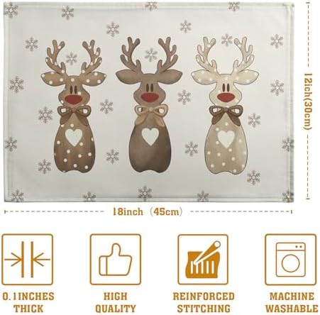Christmas Reindeer Snowflakes Placemats Set of 4 Xmas Cute Elk Deer Place Mats 12x18 Seasonal Winter Holiday Farmhouse Linen Table Mats for Party Kitchen Dining Outdoor Indoor Decor