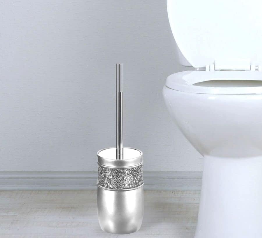 Creative Scents Crackled Glass Toilet Brush with Holder - Silver Toilet Bowl Cleaner Brush and Holder - Good Grip, Deep