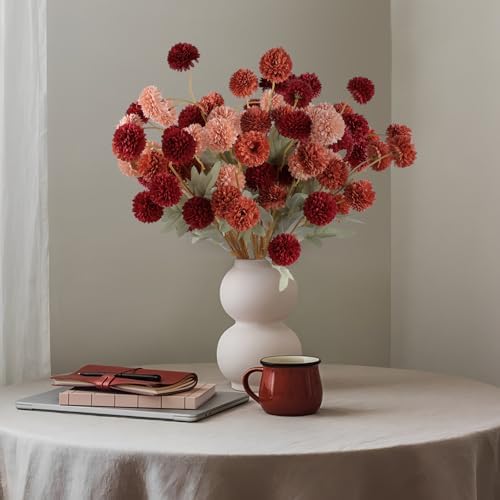 Hananona 12 Pcs Artificial Chrysanthemum Flowers, Orange Kiku Pom Pom Mums Flower Faux Fall Floral for Autumn Halloween Kitchen Table Centerpiece Home Decor (12, Burgundy, Burnt Orange, Deep Peach)