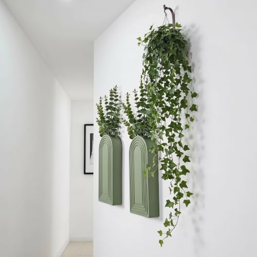 Dnnnii 2 Pack Wooden Wall Vase Set - Green Finish Modern Farmhouse & Boho Wall Decor for Entryway, Hallway, Bathroom