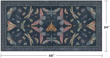 Dark Blue 2x4 Non Slip Bathroom Rug, Washable Vintage Boho Insect Carpet for Kitchen Floor, Entryway & Powder Room, Low