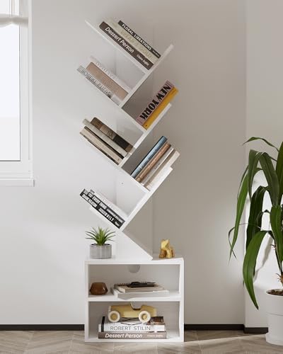SUNMORY 6 Tier Tree Bookshelf, Tall Small Bookcase with Storage Cabinet