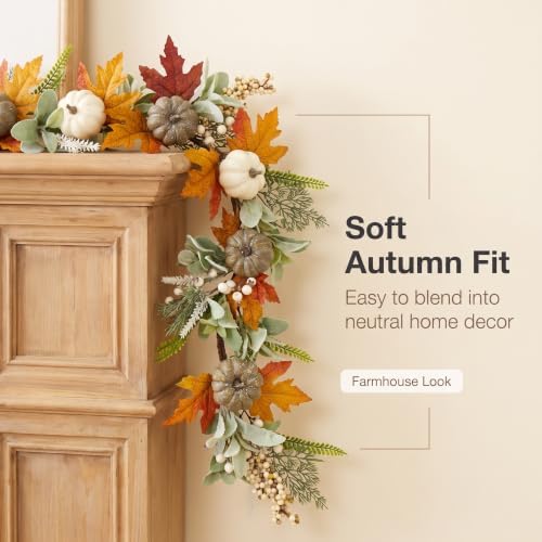 JINGHONG 6FT Fall Garland for Mantle with Pumpkins Berries Lamb Ears Leaves Thanksgiving Vine Pumpkin Garlands for Autumn Harvest Table Centerpieces Fall Decorations for Home Porch Fireplace Decor