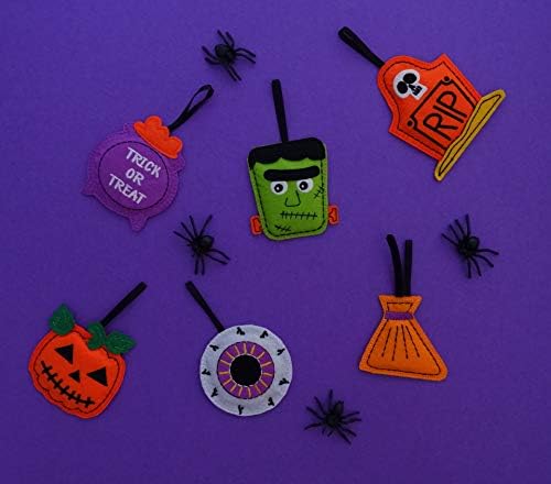 Halloween Ornaments - Set of 6 Plush Felt Handmade Decor - Broom, Jack-o'-Lantern, Frankenstein, Witchcraft, Eyeball, RIP Tomb Design - Halloween Ornaments for Tree