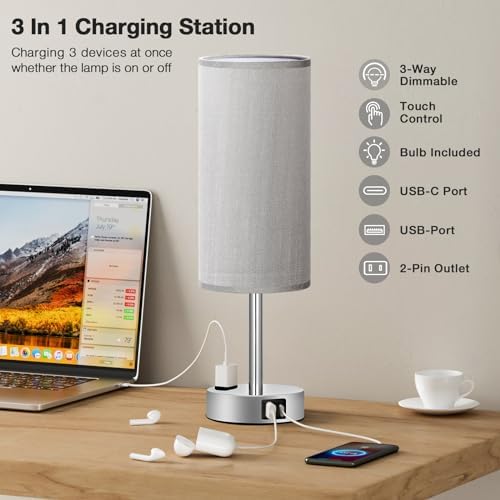 Fenmzee Grey Bedside Lamp for Bedroom, Dimmable Touch, USB A+C, AC Outlet
