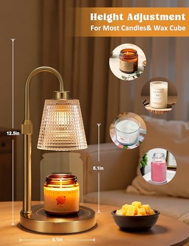 Gold Candle Warmer Lamp with Timer, Dimmable Candle Warmer for Jar Candles, Height Adjustable Wax Melts Warmer