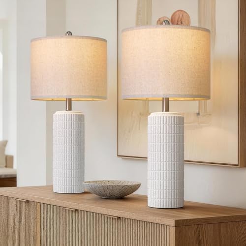 PoKat 27.5'' Tall Table Lamps for Living Room Set of 2, Stone-Like Ceramic Bedroom Lamps for Night Stands, Farmhouse