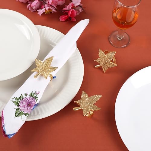 ALPHA Living HOME Leaf Decor Napkin Rings - 12 Pcs Modern Napkin Ring Dining Metal Table Décor for Wedding, Holiday, Thanksgiving, Christmas, Formal Dining & Special Occasions (Gold)