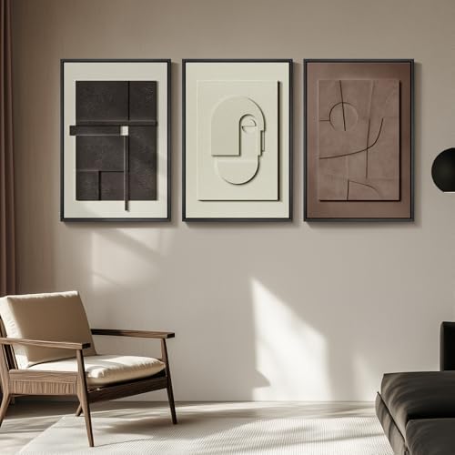 3D Large Framed Brown Abstract Wall Art for Living Room, 3Piece 24x36 In