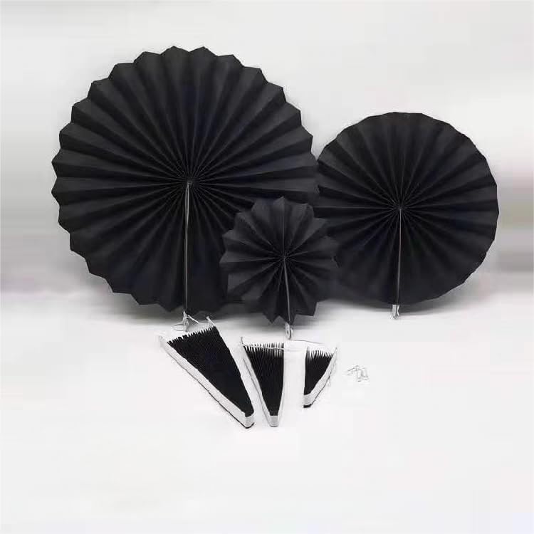 JEYE Black Hanging Paper Fans Party Decoration Set Wall Background Ceiling Hanging Decor for Birthday Graduation Halloween Party, Mix Set of 6pcs