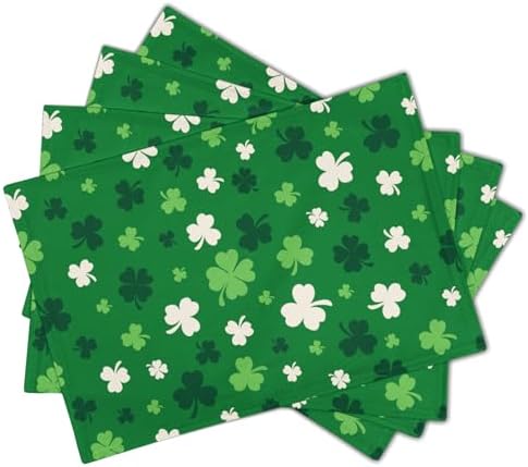 St Patrick's Day Placemats Set of 6 18x12 Inch Green Shamrock Irish Linen Place Mat Heat-Resistant Washable Wipeable Saint Patrick's Day Four Leaf Clover Table Mat for Party Kitchen Dining Home Decor