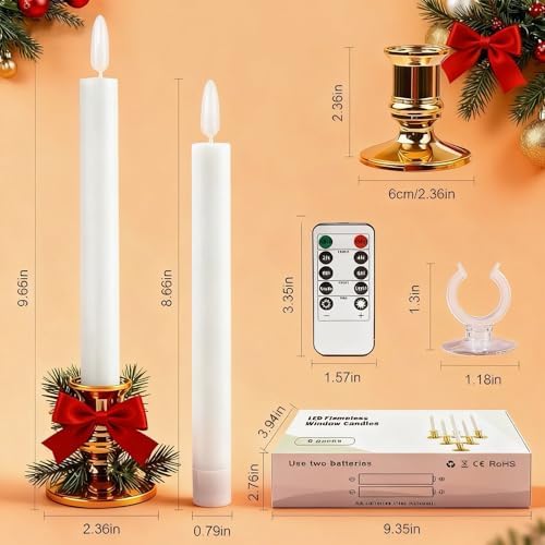Christmas Window Candles, 6 Pcs Battery Operated Flameless Taper Candles with Remote, Timer, 3D Wick, Holders & Suction Cups for Christmas, Wedding, Halloween Decor