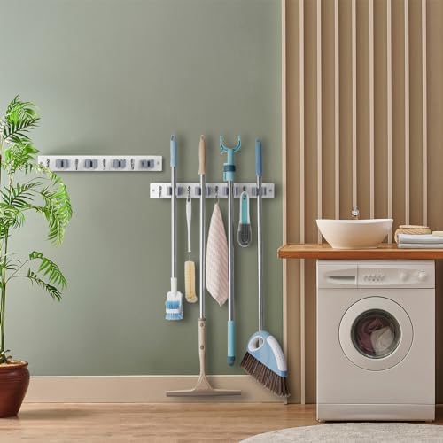 OUTNILI 2 Pack Mop Broom Holder Wall Mount - White Wood Broom Mop Hanger - Wall Mounted Garden Tool Rack Organizer for