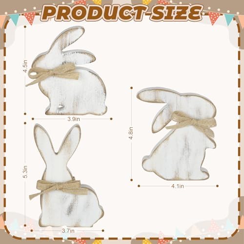 3Pcs Easter Decorations, Farmhouse Wooden Bunny Table Decor Rustic Rabbit Centerpieces Sign for Home Tiered Tray Mantel Office Party Supplies (White)