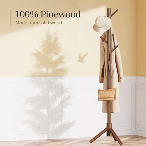 Pipishell Solid Wooden Coat Rack Freestanding with 8 Hooks, Brown