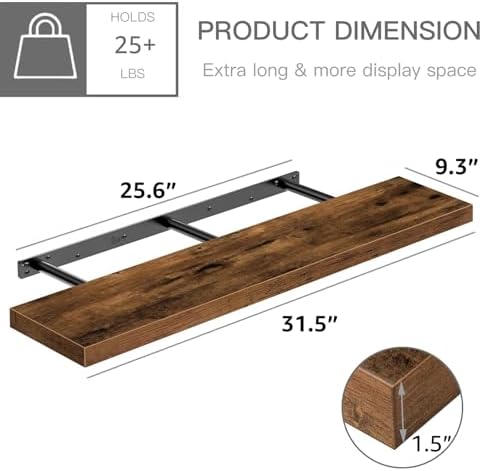 QEEIG Long Floating Shelves for Wall (Brown, Set of 2, 31.5")