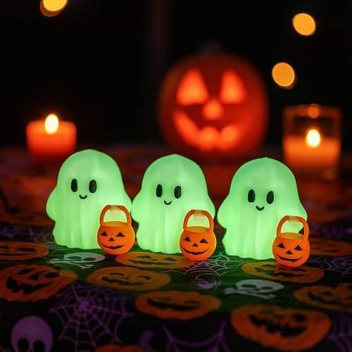 Halloween Decor Fluorescence Ghost Figurines Carrying Pumpkins – Mini Cute 3D Printing Spooky Table Statue Halloween Festive Decoration for Holiday Bookshelf Terrace Bedroom Indoor Home Tabletop Gifts