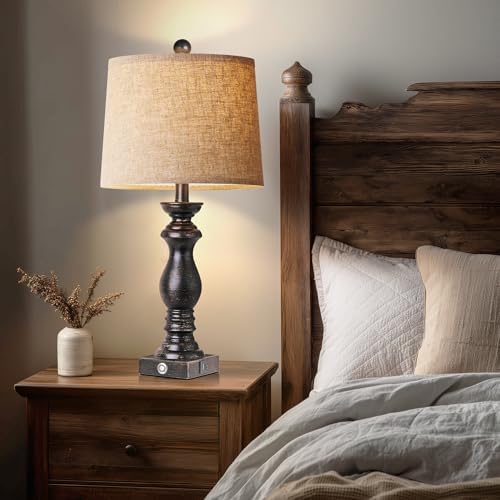 24.5" Table Lamp Set of 2, Rustic Farmhouse Bedside Lamps with USB A+C Charging Ports, 3-Way Dimmable Touch Control