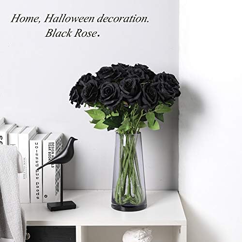 Laelfe 12 PCS Artificial Flowers Black Roses, Fake Silk Flower Long Stem Artificial Rose for Halloween Home Wedding Party Decorations(Black)
