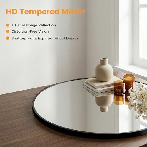 20 Inch Black Round Bathroom Wall Mirror, Round Mirrors for Wall Decor, Circle Mirror for with HD Shatter-Proof Glass