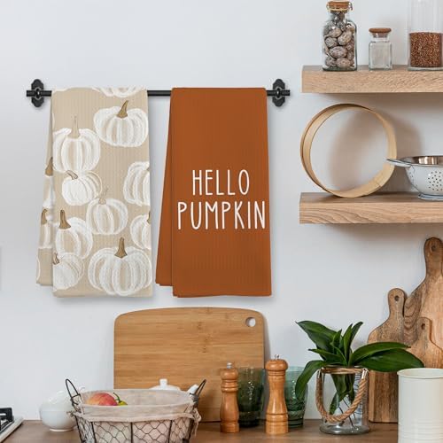 Fall Hello Pumpkin Kitchen Towels and Dishcloths Sets of 2, Fall Burnt Orange Beige White Pumpkin Decor Dish Hand Tea Towels Gifts for Bathroom Kitchen, Autumn Aesthetic Fall Decor, 16x24 in