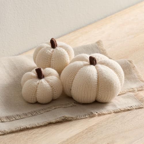 Cozy Mini Knit Set of 3 Ivory Pumpkins (Snowdrop Multi-Size Set)