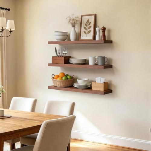 BAYKA Walnut-Like Floating Shelves 22.5in, 3Pack, Wall Mounted Wall Decor