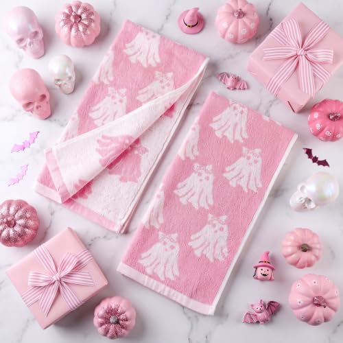 Breling 2 Pcs Halloween Bow Ghost Hand Towels Pink White Bathroom Towels