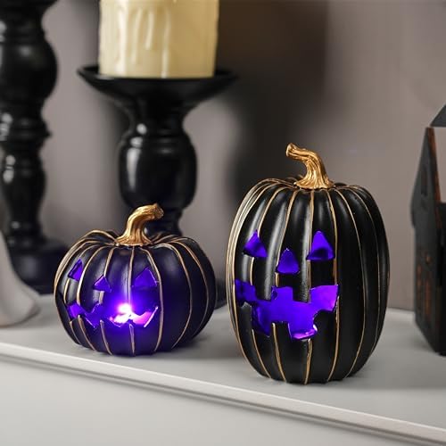 FESTGLOX Light Up Black Jack O Lantern Pumpkins for Indoor Halloween Decor