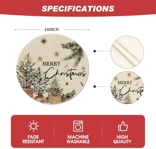 Artoid Mode Xmas Trees Holly Pine Cone Merry Christmas Round Placemats Set of 4, 14 Inch Winter Round Table Mats for Dining Decoration