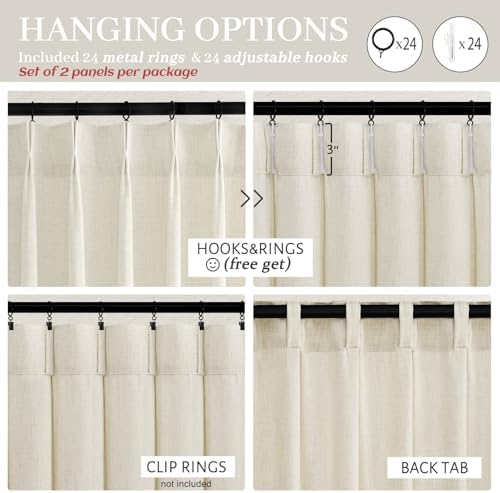 70 Inch Extra Wide Pleated Linen Kids Room Curtains 102 Inches Long, Cream Memory Trained Light Filtering Privacy Semi