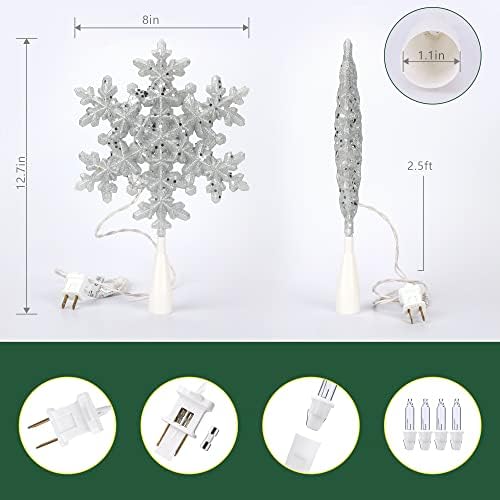 Brizled Silver Christmas Tree Topper, 9" Snowflake Tree Star with 10 Lights