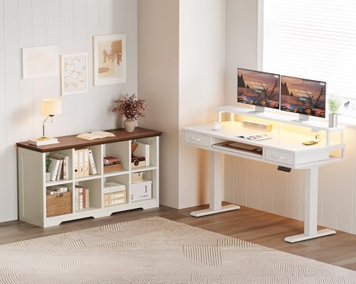 OffiGo 8 Cube Organizer Bookcase, Cube Shelf with Storage, Walnut + White