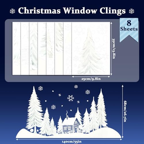 Whaline 55" Large Christmas Window Clings White Xmas Tree Cabin Snowflake Window Decal Reusable Anti-Collision Windows Decor for Winter Holiday Home Party Supplies, 8 Sheets