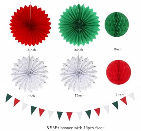Red Green-White Christmas Party Decorations - 20pcs Mexican Italian Paper Lanterns Fans,Tissue Pom Poms,Honeycomb Balls,Bunting,Birthday Mexico Italy Baby Shower Wedding Decor Burgleda